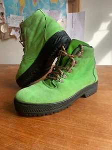 Vintage 90s Suede & Rubber Lime Acid Green Boots Lace Up Made in Spain Size 5.5 - Picture 1 of 17
