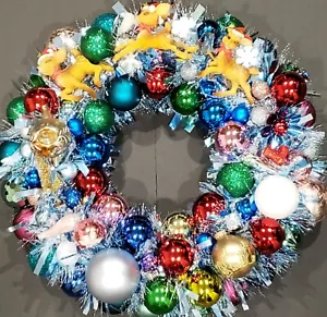 Vintage Handmade Christmas Ornament Wreath, Flocked Reindeer, Triple Indent, 21" - Picture 1 of 10