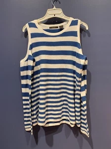 Large Cold Shoulder Sweater, Beach Island, White Blue Stripe, NWT, By Heather B - Picture 1 of 5