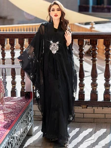 Summer Women Elegant Embroidery Batwing Sleeve Maxi Dress Abaya Kaftan Robe - Picture 1 of 25