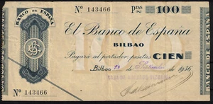 BILLETE ESPAÑA 100 PESETAS BILBAO 1936 CAJA AHORROS VIZCAINA - SIN SERIE - MBC - Picture 1 of 2