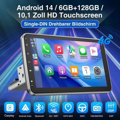 Android 14 10,1 Zoll 1-DIN Autoradio mit 4G LTE GPS CarPlay/Android Auto - Bild 1 von 4