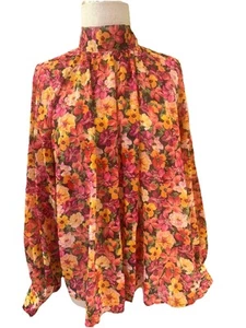 Aura Bluse Top Damen groß mehrfarbig Blumenmuster hoher Ausschnitt hinten zum Binden - Bild 1 von 9
