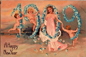 Feliz Año Nuevo 1909 Querubines Niña Bonita Repujado Alemania Postal a117 - Imagen 1 de 2