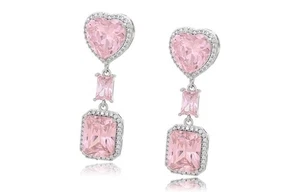 Pink Sapphire Elegent Heart 3-Stone Drop Earrings Made With Swarovski® Elements - Picture 1 of 3