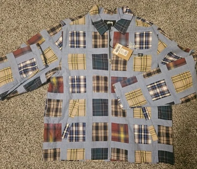 Stussy Мадрас лоскутное одеяло Мужская куртка на молнии размер большой джинсовой ткани клетку новый с Ярлыками Рекомендуемая розничная цена производителя $240 - Изображение 1 из 4