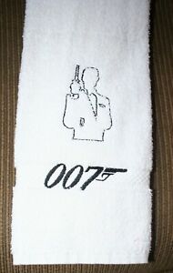  James "Bond" Inspired Bust w/007 White Hand Towel w black thread embroidered