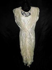 Vintage 80s Vamp XS 9 Ivory White Lace Draped Dress Sleeveless Tight Skirt USA