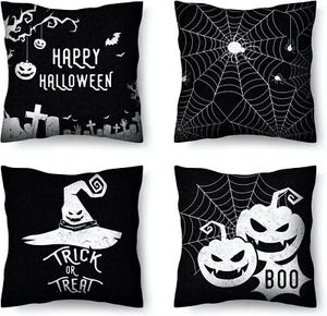 NEW 4 Pack Pillow Covers 18 x 18 Pumpkin Witch Spider Halloween Linen Case NWT - Picture 1 of 2