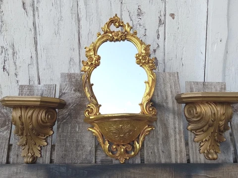 Vtg 1970 Dart Syroco Gold Ornate Wall Mirror W/ Shelf 2327 + pair shelfs Cover