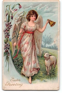 Vintage Postcard "Easter Greeting" - Angel with Bell and Lamb - Early 1900s - Picture 1 of 2