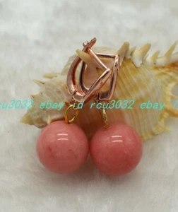 Elegant 12mm Natural Pink Rhodochrosite Round Beads Gemstone Dangle Earrings - Picture 1 of 12
