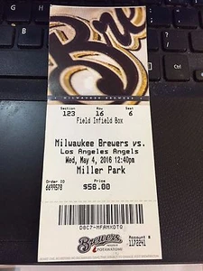 2016 MILWAUKEE BREWERS VS LOS ANGELES ANGELS TICKET STUB MIKE TROUT HR 5/4 - Picture 1 of 1