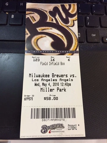 2016 MILWAUKEE BREWERS VS LOS ANGELES ANGELS TICKET STUB MIKE TROUT HR 5/4 Cover
