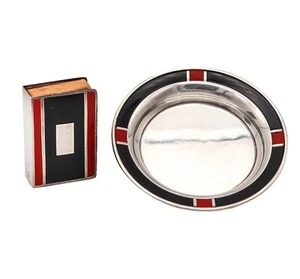 Webster & Co 1925 Art Deco Red & Black Enameled Smoking Set In Sterling Silver - Picture 1 of 6