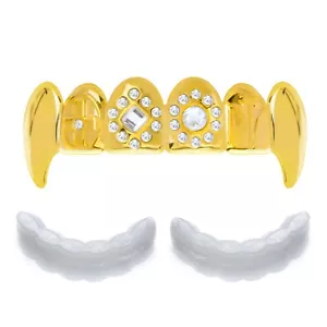 Vampire Stone Fangs Grillz 14k Gold Plated Top Teeth Fang Dracula 2 Mold L021 G - Picture 1 of 3
