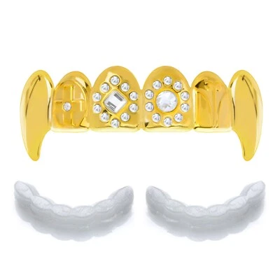 Colmillos de piedra vampiro Grillz chapado en oro 14k colmillo de dientes superior Drácula 2 molde L021 G Foto 1 de 3