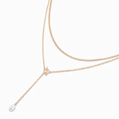 Claire's Gold Pearl Drop Chain Y-Neck Multi Strand Necklace  (G131424-1 LOC.H) - Image 1 of 4