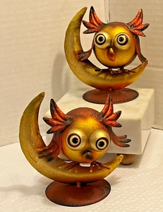 Hooties Night Owls Handcrafted Metal Art Crescent Moon 5” Set of 2 Big Eyes New - Bild 1 von 7