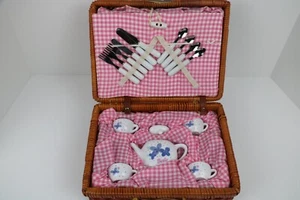 Vintage Barbie Mattel Schylling Porcelain Childs Tea Set + Wicker Picnic Basket - Picture 1 of 10