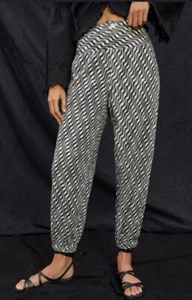 Anthropologie Pant 6P Black White Printed Jogger Linen Blend High Waisted Boho - Picture 1 of 12