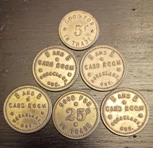 Oceanlake Oregon B & B Card Room Tokens .25 .05 Cents Lincoln City 5 Coins - Picture 1 of 2