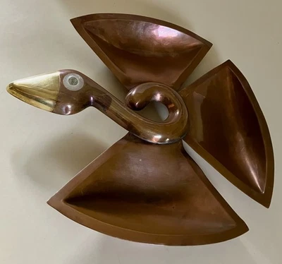 VINTAGE LRG MEXICO MIXED METAL COPPER BIRD TRAY BERNICE GOODSPEED STONE INLAY - Image 1 of 4