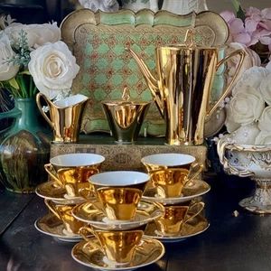 1950's German/Bavarian ‘Johann Seltmann’ Gold Coffee Set 17pc & Italian Tray - Picture 1 of 9