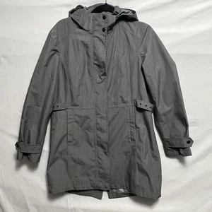 Women Trench Coat Medium Kirkland Signature Zipped Pockets Hood Rain Jacket Gray - Picture 1 of 16