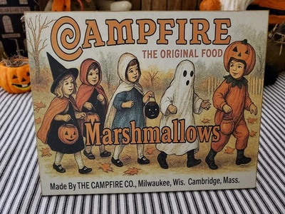 RETRO VINTAGE STYLE HALLOWEEN COSTUME KIDS CAMPFIRE MARSHMALLOWS WOODEN SIGN - Image 1 of 4