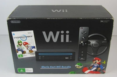 NINTENDO WII BLACK CONSOLE MARIO KART BUNDLE-RVL-101(AUS) MARIO KART GAME–AS NEW - image 1 of 4