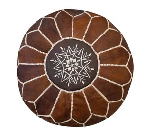 Hand-Tooled Brown Round Geniune Leather Pouf. UNSTUFFED. Custom Option Available - Picture 1 of 5
