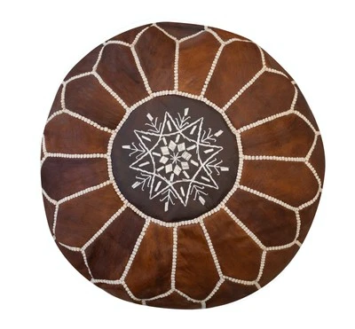 Hand-Tooled Brown Round Geniune Leather Pouf. UNSTUFFED. Custom Option Available - Image 1 of 4