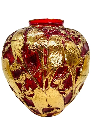Antique Phoenix/Consolidated Glass Ruby Gold Parakeet Raised Relief Jardiniere - Image 1 of 4
