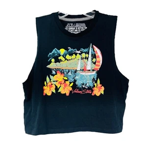 VOLCOM Crop Tank Top Tee Black Tropical Floral Boat Beach Womens XS - Picture 1 of 5