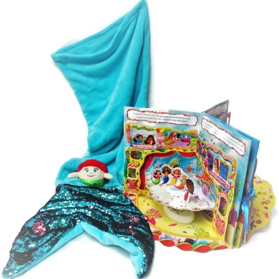 Paquete de sirena regalo para niñas manta cola polar papel muñeca libro peluche pez Foto 1 de 1