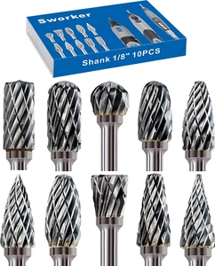 10Pcs 1/8" Shank Carbide Burr Bits Compatible with Dremel Bits Metal Grinding Bi - Picture 1 of 12