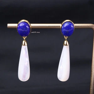 Pendientes colgantes enchapados en oro real de plata de ley 925 con caparazón de lapislázuli natural - Imagen 1 de 5