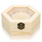 Niedokończone sześciokątne drewniane pudełko na biżuterię z przezroczystym blatem i zapięciem blokującym
