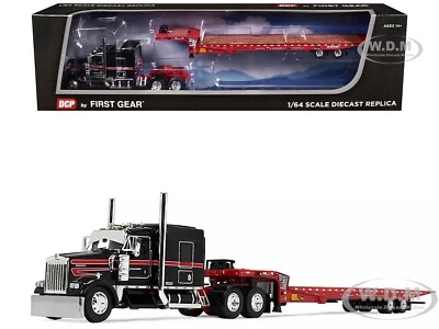 KENWORTH W900L SLEEPER W/FLATBED TRAILER BLACK & RED 1/64 BY FIRST GEAR 60-2035 - Image 1 of 4