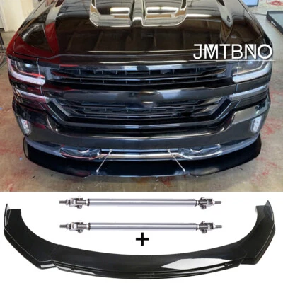 Divisor de labios de parachoques delantero de fibra de carbono + varillas de puntal para Chevrolet Silverado 1500 Foto 1 de 4