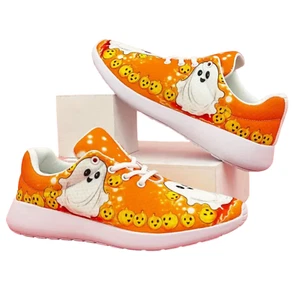 Pumpkin Ghost Print Sneakers - Comfy Thick Sole Shoes, Halloween Theme- New! - Picture 1 of 5