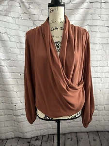 NWT Venti6 Brown Cocoa 100% Viscose Drape Faux Wrap Blouse Shirt Top Size Large - Picture 1 of 5
