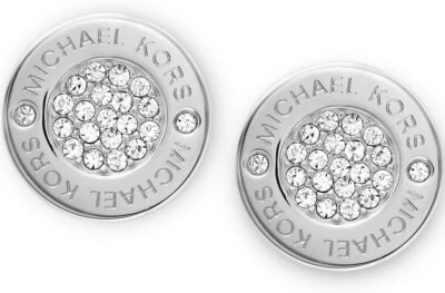 NEW MICHAEL KORS SILVER TONE PLAQUE CRYSTALS ROUND STUD SIGNAT. EARRINGS MKJ3352 - Image 1 of 3