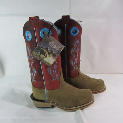 Botas occidentales Old West Youth para niños punta cuadrada gamuza camel/rojo 8206 Foto 1 de 4