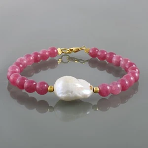 Handcrafted 6mm Natural Pink Tourmaline & Pearl Round Beads Bracelet Unique Gift - Picture 1 of 5