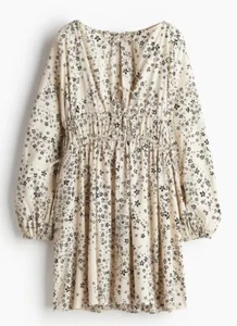 H&M Light beige black cotton Floral Print short dress size L Cotton Mix New - Picture 1 of 11