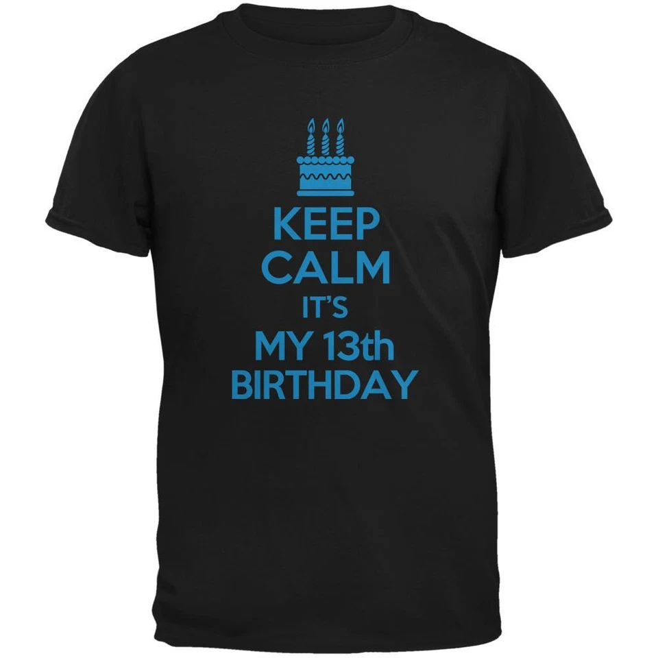 Keep Calm 13th Birthday Boy Black Youth T-Shirt - Image 1 of 1