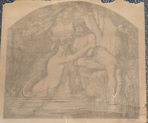 Antique 19thC original pencil drawing by Alfred Richard Diethe 1836-1919 Mermaid - Picture 1 of 21