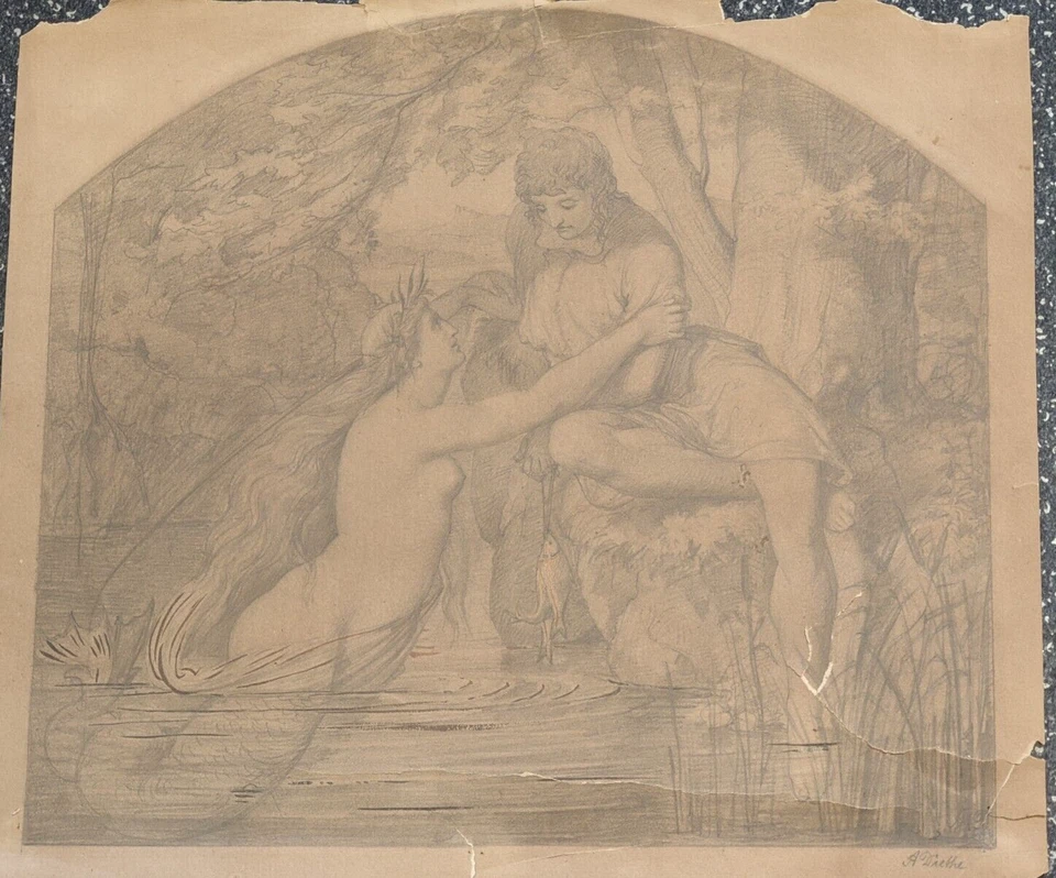 Antique 19thC original pencil drawing by Alfred Richard Diethe 1836-1919 Mermaid - Image 1 of 4